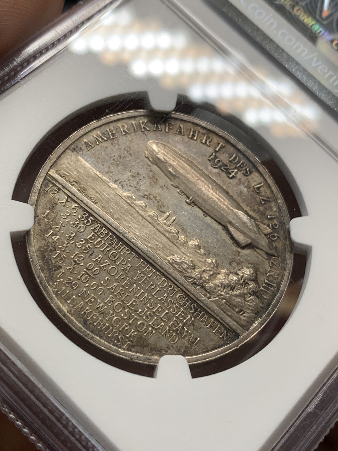 《竞宝斋》第93场-本周日，周一2场连拍（全场不限金额包邮） NGC MS62 1924年 德国 齐柏林飞艇 纪念银章