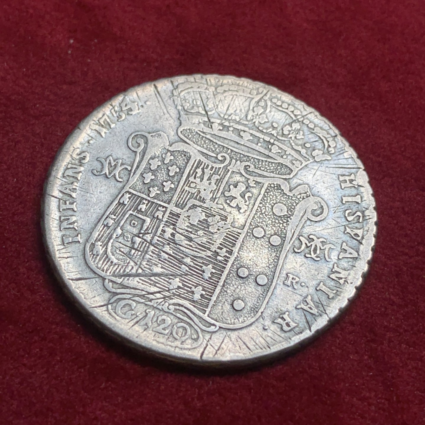 《竞宝斋》第93场-本周日，周一2场连拍（全场不限金额包邮） 1754/3年稀少骑字版 西班牙卡洛斯三世年轻的时候 意大利那不勒斯 120Grana银币 这个年代的那不勒斯币很少见，品相普遍不好，这个已经很好了 背面减重痕