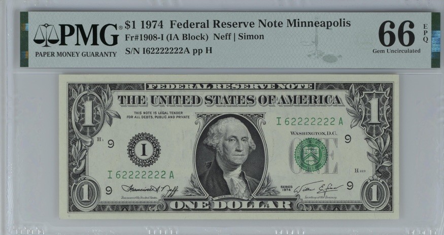 收藏联盟Quantum Auction 第189期中秋拍卖(已更新) 美国1990年100元和1974年(明尼阿波尼斯)1元 PMG66 尾七同恐龙号 两张全同号