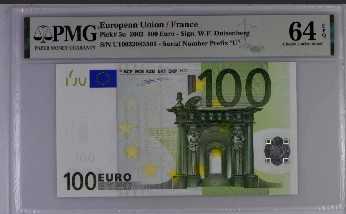 【Blue Auction】✨世界纸币精拍第222期 ——冠军舍那 【无47】欧盟 法国版p5u 首签2002年100欧元 PMG64EPQ	