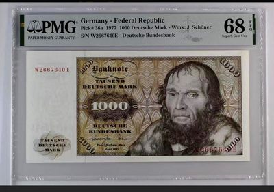 【Blue Auction】✨世界纸币精拍第222期 ——冠军舍那 - 【冠军分 仅3张】联邦德国p36a 1977年1000马克 PMG68EPQ 超高分舍那 极致雕刻 
