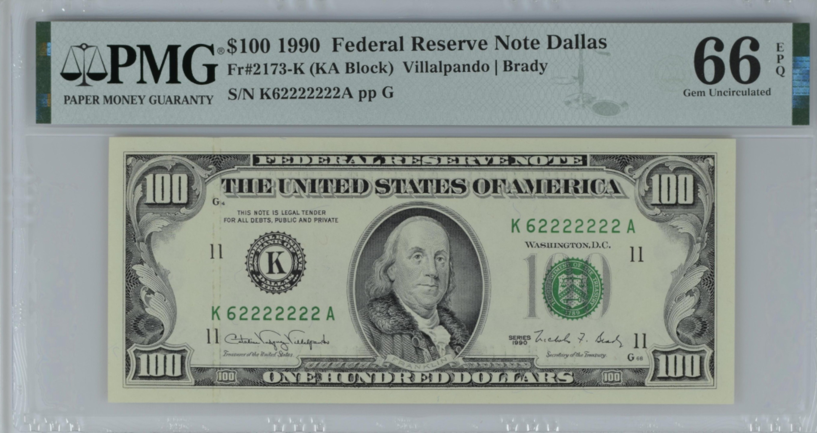 收藏联盟Quantum Auction 第189期中秋拍卖(已更新) 美国1990年100元和1974年(明尼阿波尼斯)1元 PMG66 尾七同恐龙号 两张全同号