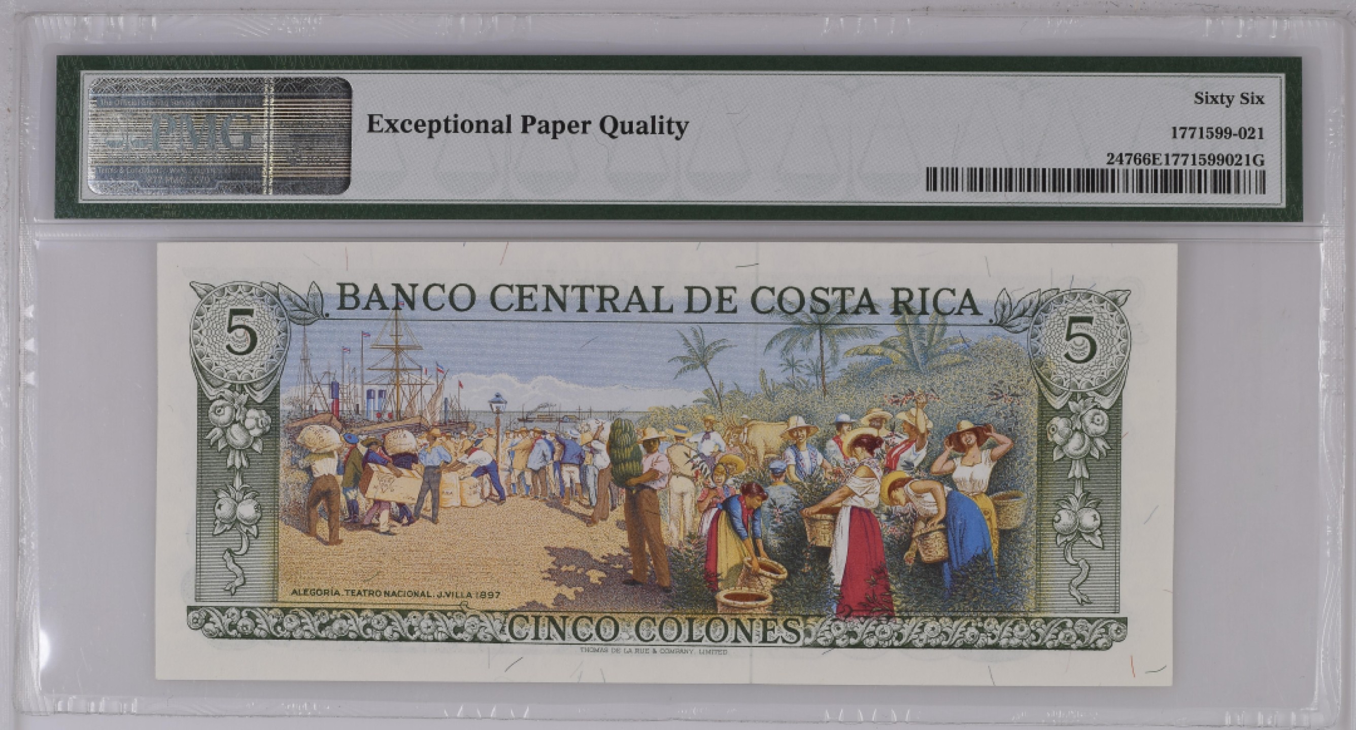 收藏联盟Quantum Auction 第189期中秋拍卖(已更新) 哥斯达黎加1975年5克朗 PMG66 央行纪念钞 德纳罗彩背 名画《咖啡的寓言》