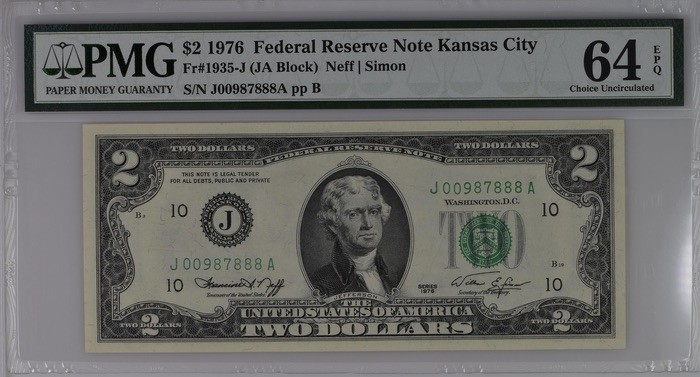 收藏联盟Quantum Auction 第189期中秋拍卖(已更新) 美国(堪萨斯城)1976年2美元 PMG64e 豹子号888 独立宣言签署