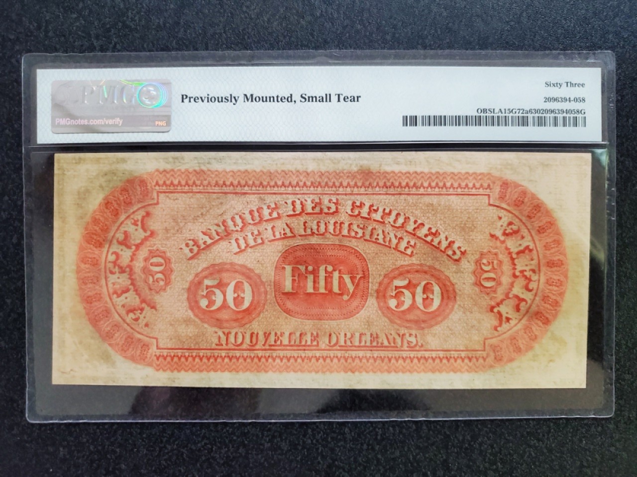 【Blue Auction】✨世界纸币精拍第222期 ——冠军舍那 美国 路易斯安那州 1860年代 双面雕刻大票副 PMG63