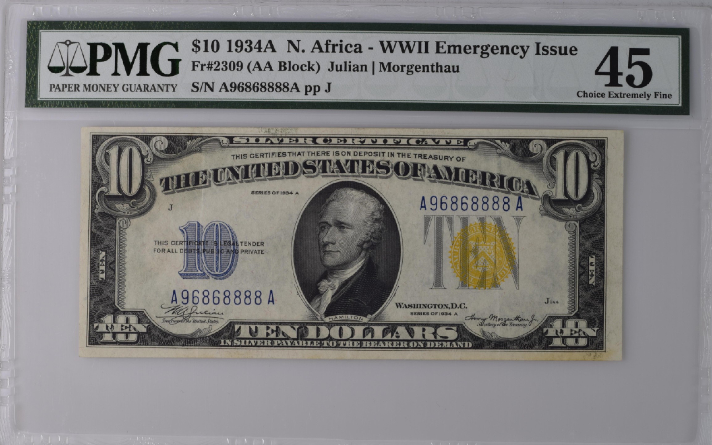 收藏联盟Quantum Auction 第189期中秋拍卖(已更新) 美国1934年10元银币券 PMG45 双A冠狮子号8888  二战紧急券北非券 特别稀少