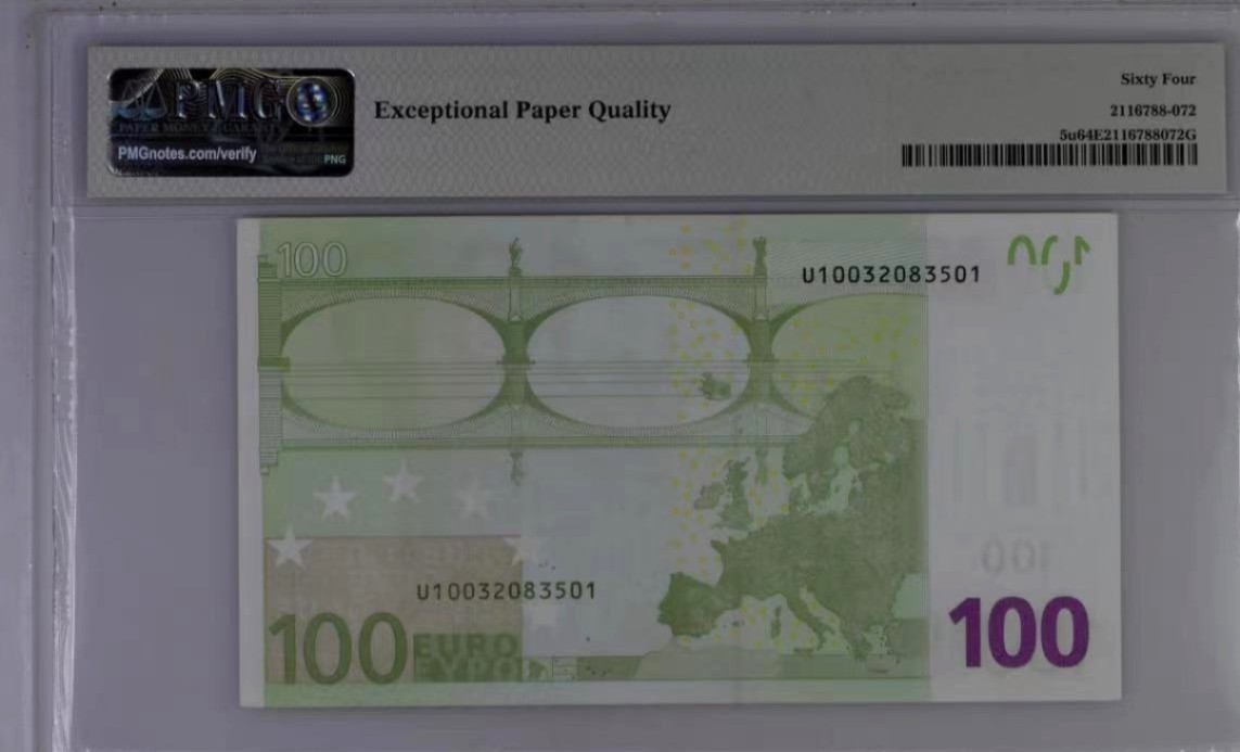 【Blue Auction】✨世界纸币精拍第222期 ——冠军舍那 【无47】欧盟 法国版p5u 首签2002年100欧元 PMG64EPQ	