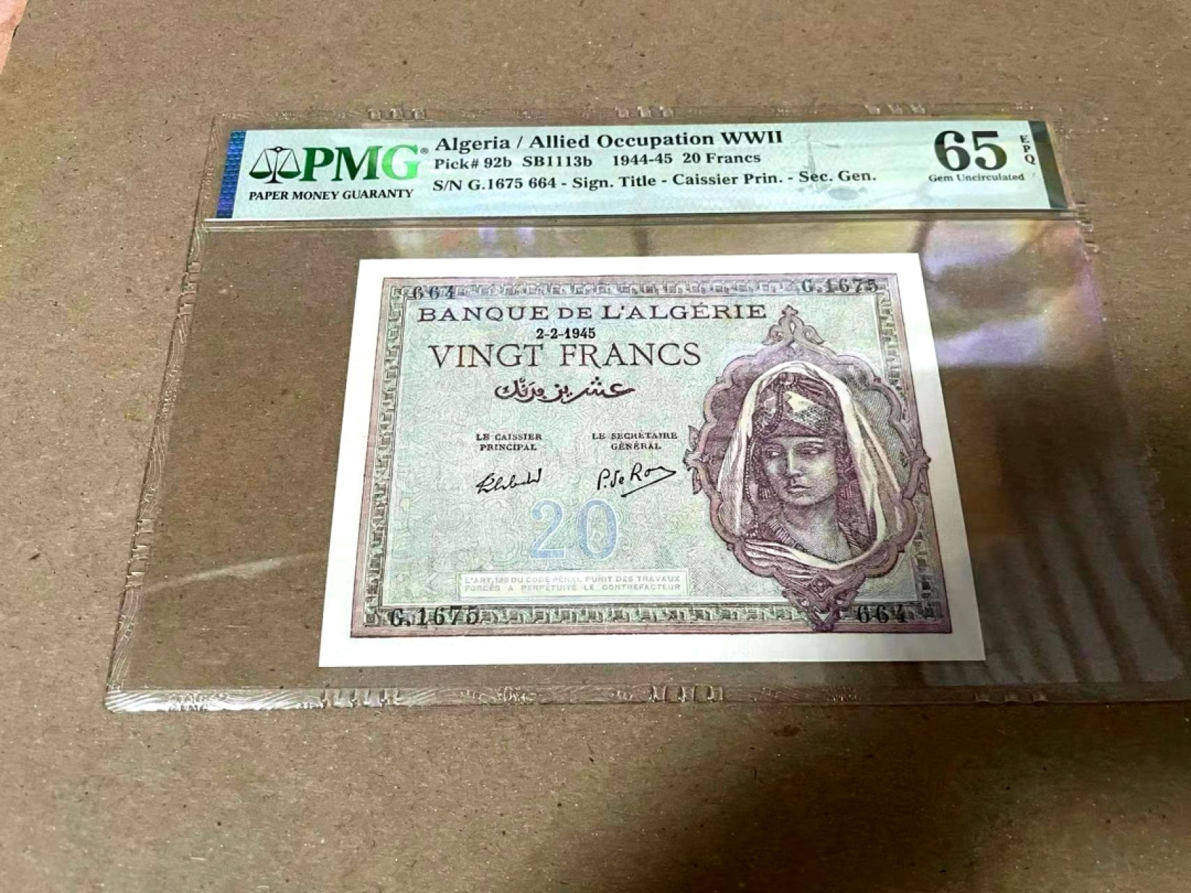 【Blue Auction】✨世界纸币精拍第222期 ——冠军舍那 阿尔及利亚 1944-45年20法郎 PMG65EPQ 精美