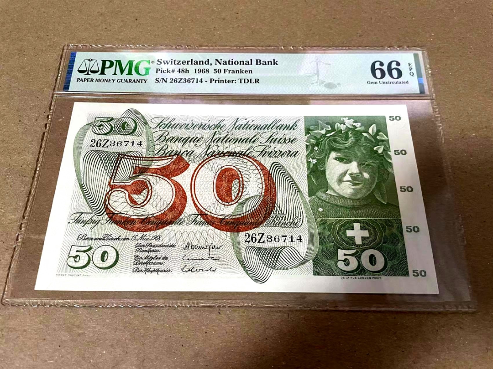 【Blue Auction】✨世界纸币精拍第222期 ——冠军舍那 瑞士 1968年50法郎 PMG66EPQ 苹果园 精美