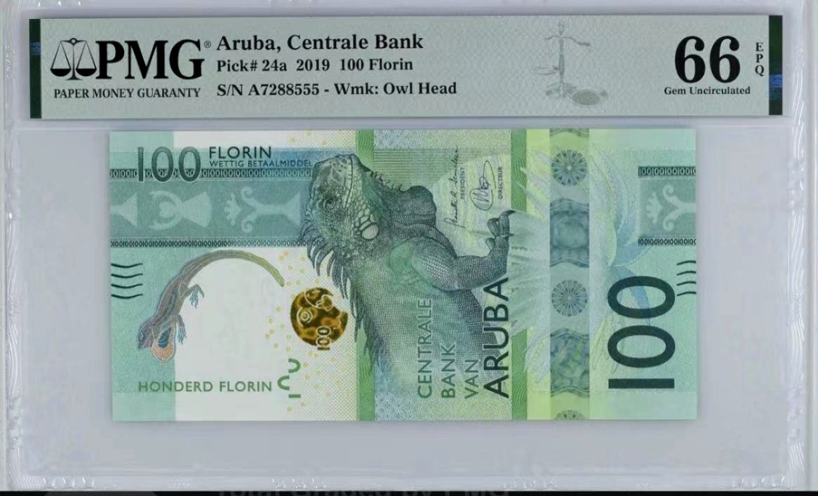 【Blue Auction】✨世界纸币精拍第222期 ——冠军舍那 【年度最佳纸币 555豹子号少见】阿鲁巴p24a 2019年100弗罗林 PMG66EPQ