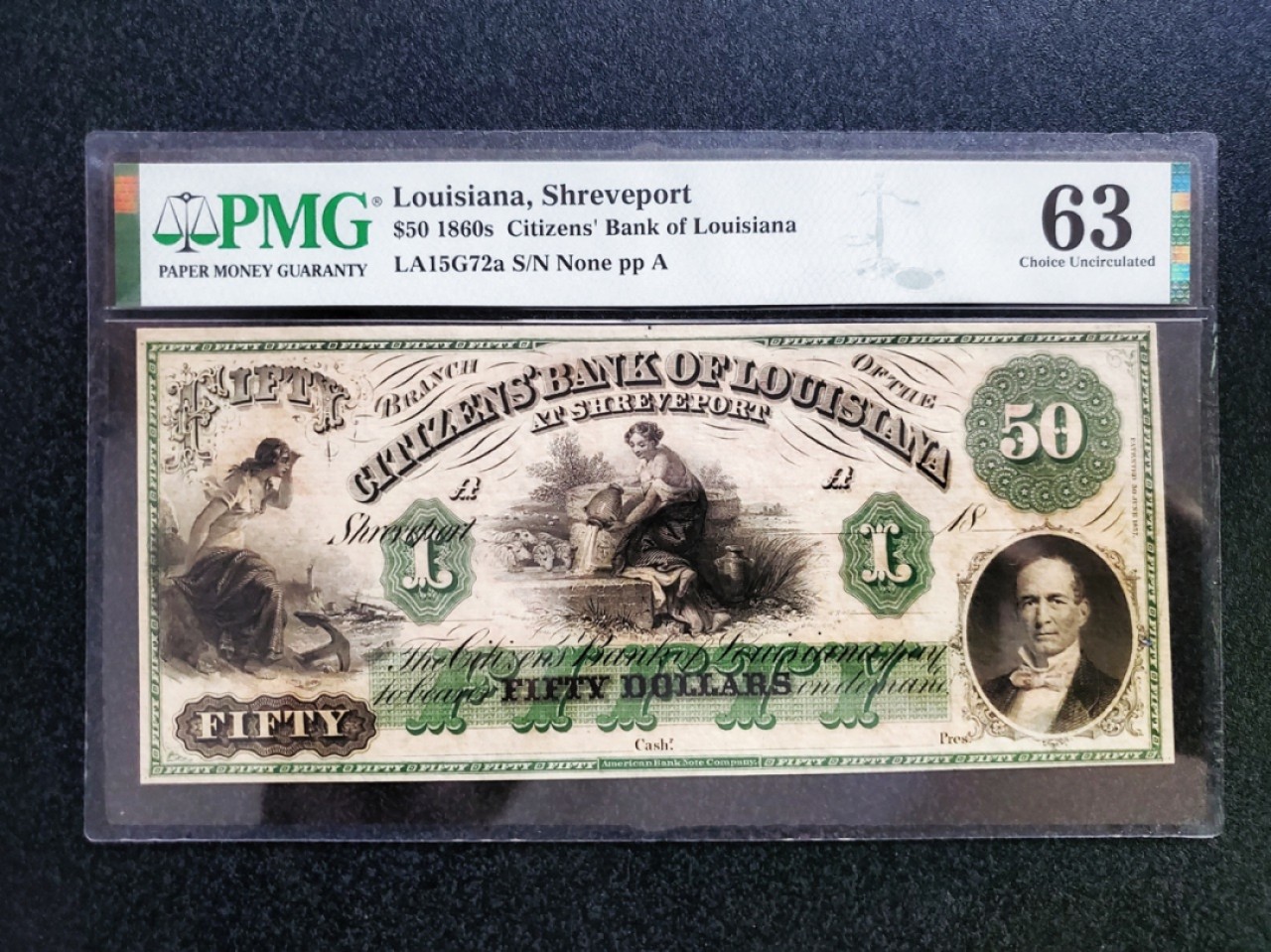 【Blue Auction】✨世界纸币精拍第222期 ——冠军舍那 美国 路易斯安那州 1860年代 双面雕刻大票副 PMG63