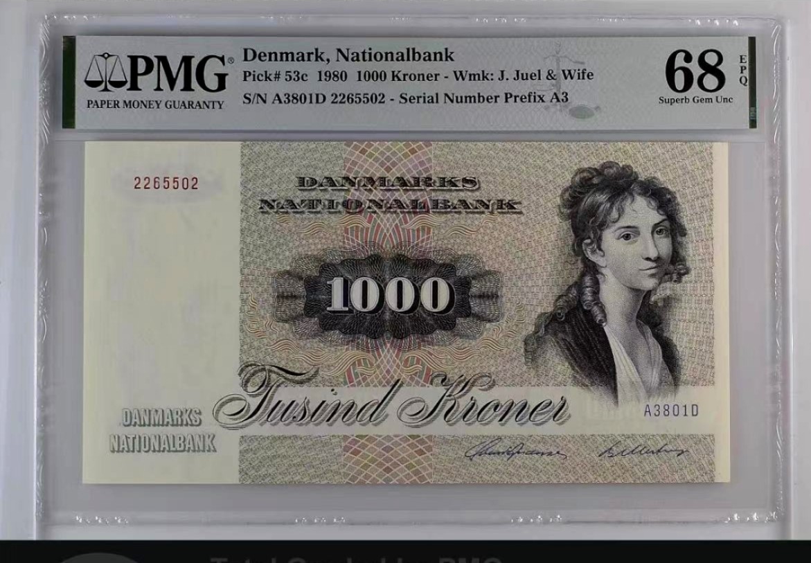 【Blue Auction】✨世界纸币精拍第222期 ——冠军舍那 【无47】丹麦p53c 1980年1000克朗 PMG68EPQ	 超高分 大松鼠