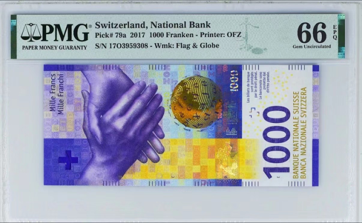 【Blue Auction】✨世界纸币精拍第222期 ——冠军舍那 【无47】瑞士 2017年1000法郎 最高值 手版 精美高值 PMG66EPQ 