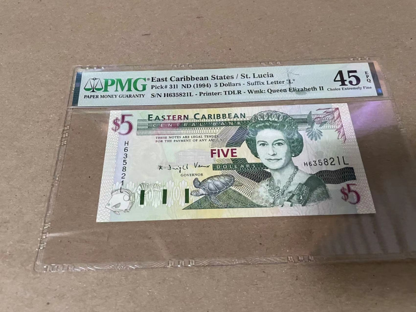 【Blue Auction】✨世界纸币精拍第222期 ——冠军舍那 东加勒比 1994年5元 PMG45EPQ 女王