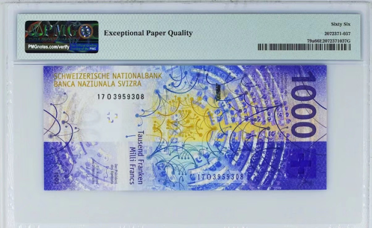 【Blue Auction】✨世界纸币精拍第222期 ——冠军舍那 【无47】瑞士 2017年1000法郎 最高值 手版 精美高值 PMG66EPQ 