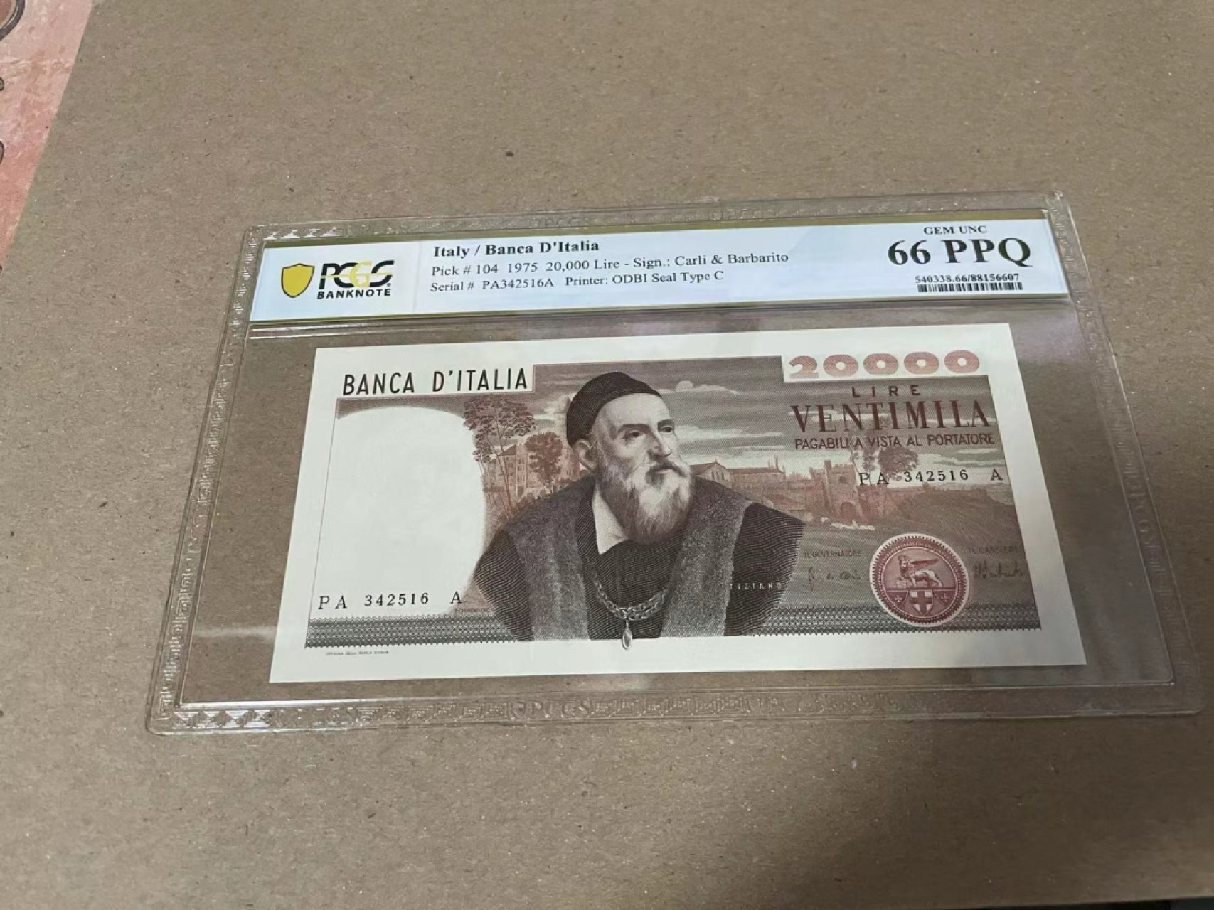 【Blue Auction】✨世界纸币精拍第222期 ——冠军舍那 意大利 1975年20000里拉 PCGS66EPQ 提香 经典