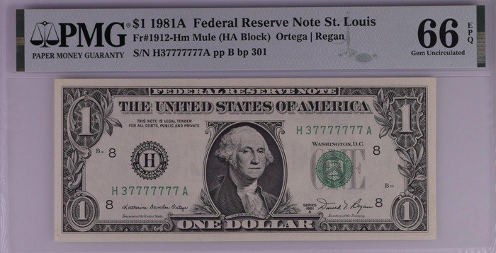 收藏联盟Quantum Auction 第189期中秋拍卖(已更新) 美国(圣路易斯)1981年1美元 PMG66 尾七同恐龙号
