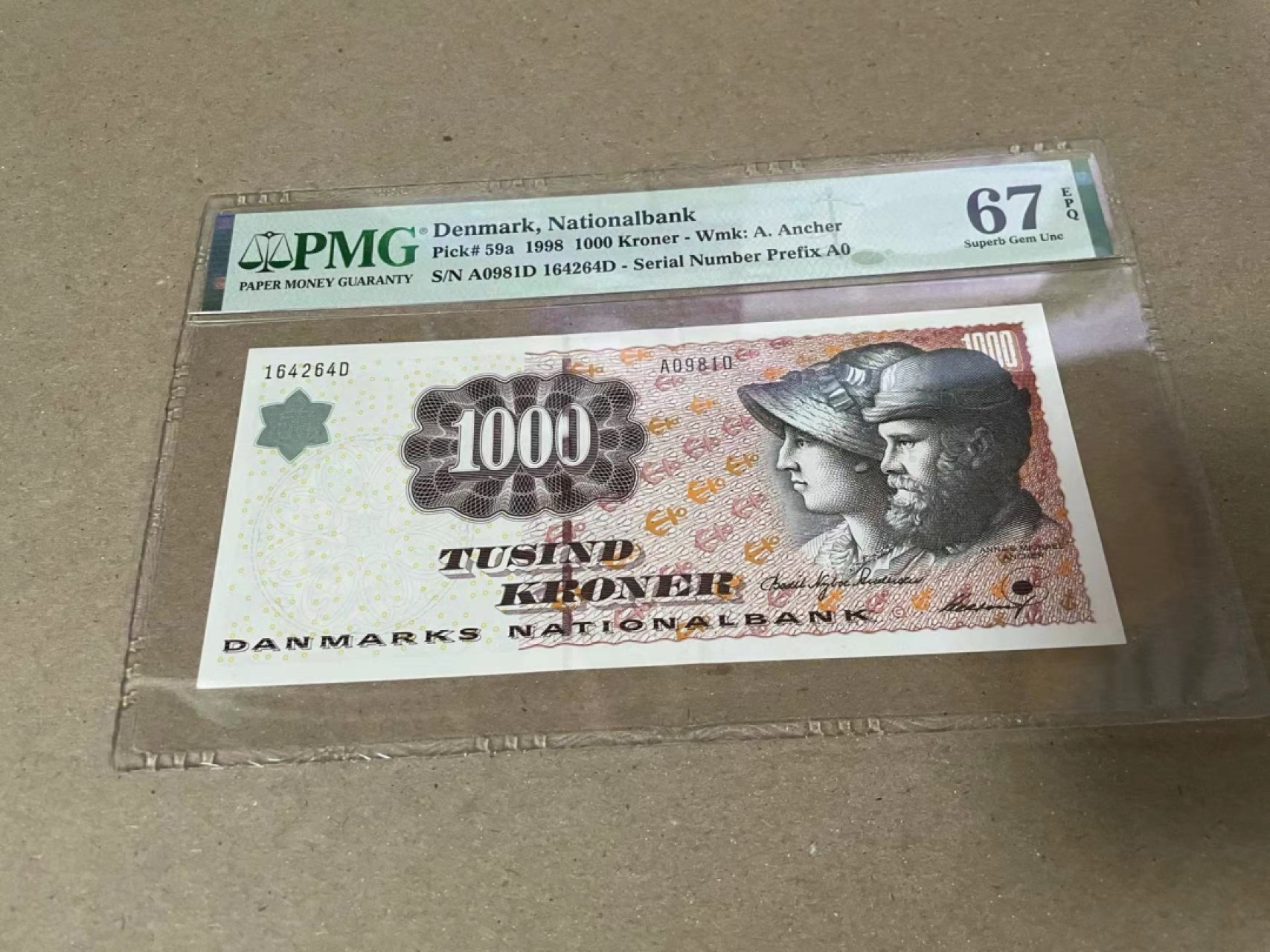 【Blue Auction】✨世界纸币精拍第222期 ——冠军舍那 【A0初版 亚军分】丹麦 1998年1000克朗 PMG67EPQ 最高值