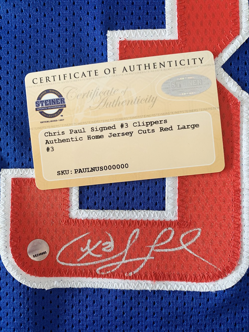 零元拍：“CP3”克里斯 保罗亲笔签字装裱球衣 Steiner公司亲鉴定认证标+证书，快船球衣，已做精美裱框。