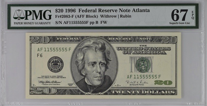 收藏联盟Quantum Auction 第189期中秋拍卖(已更新) 美国1996年20元 PMG67  尾六同大象号