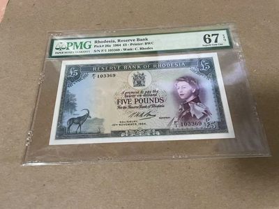 【Blue Auction】✨世界纸币精拍第222期 ——冠军舍那 - 【无47】罗德西亚 1964年5镑 戎装女王 PMG67EPQ 高分 BWC出品 双面雕刻 精美 大津巴布韦遗址