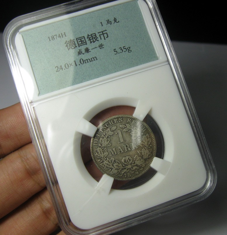 德国银币,威廉一世1874H,1马克短翅,24mm5.35g,自打标签盒子R0512lx