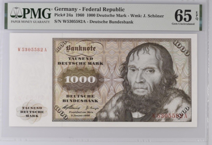 收藏联盟Quantum Auction 第189期中秋拍卖(已更新) 德国联邦1960年1000马克 PMG65  初版舍那 十分稀少 无47号码 
