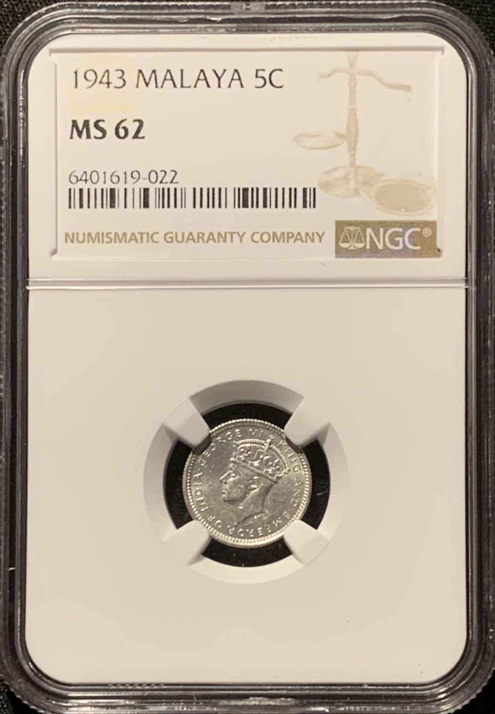 紫瑗钱币——第206期拍卖 马来亚 1943年 乔治六世 5分 银币 NGC MS62