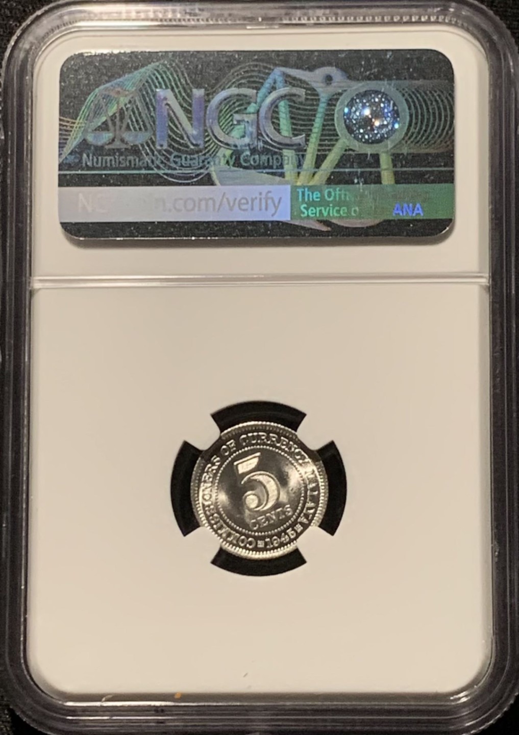 紫瑗钱币——第206期拍卖 马来亚 1945年 乔治六世 5分 银币 NGC MS63