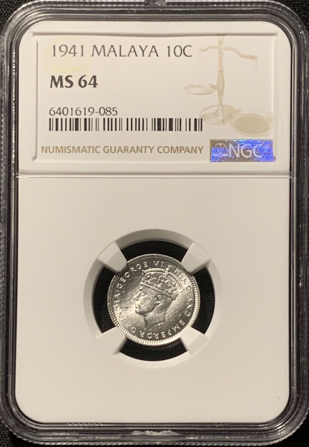 紫瑗钱币——第206期拍卖 马来亚 1941年 乔治六世 10分 银币 NGC MS64