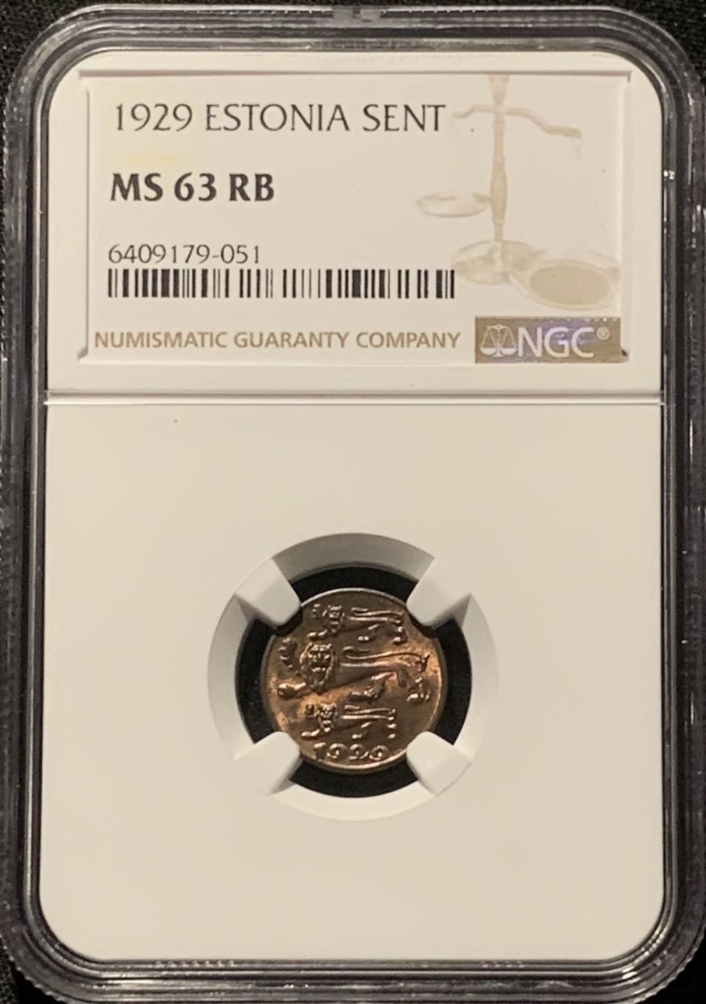 紫瑗钱币——第206期拍卖 爱沙尼亚 1929年 盾徽 1生丁 铜币 NGC MS63 RB
