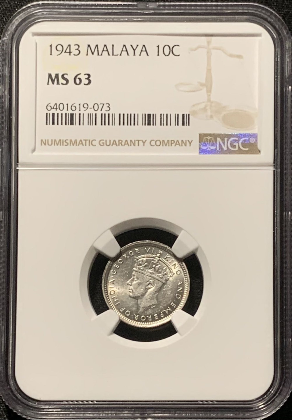 紫瑗钱币——第206期拍卖 马来亚 1943年 乔治六世 10分 银币 NGC MS63