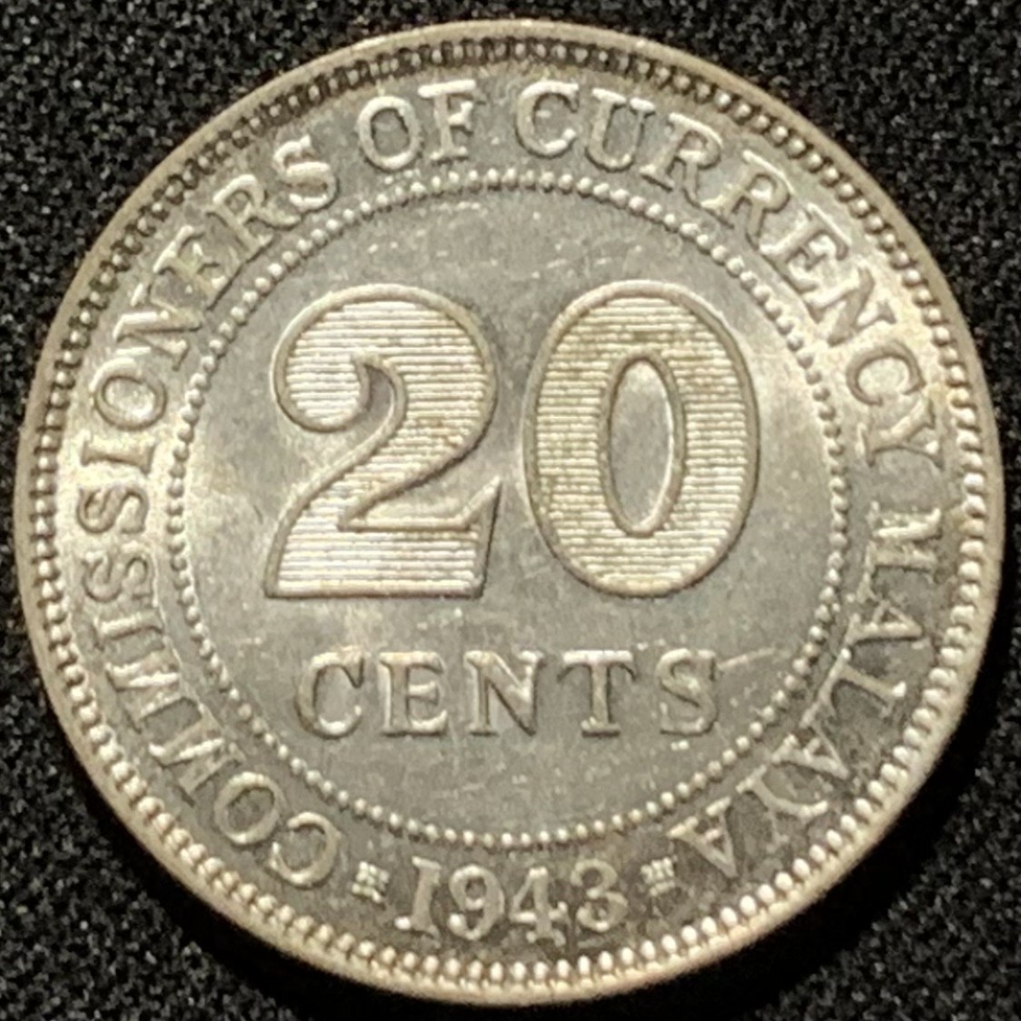 紫瑗钱币——第206期拍卖 马来亚 1943年 乔治六世 20分 5.43克 0.5银