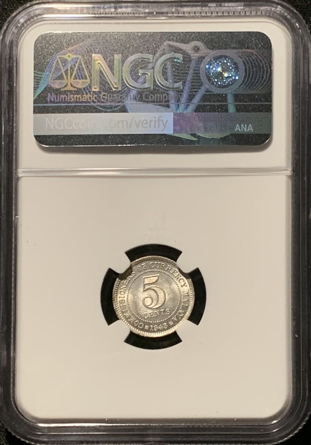 紫瑗钱币——第206期拍卖 马来亚 1943年 乔治六世 5分 银币 NGC MS63