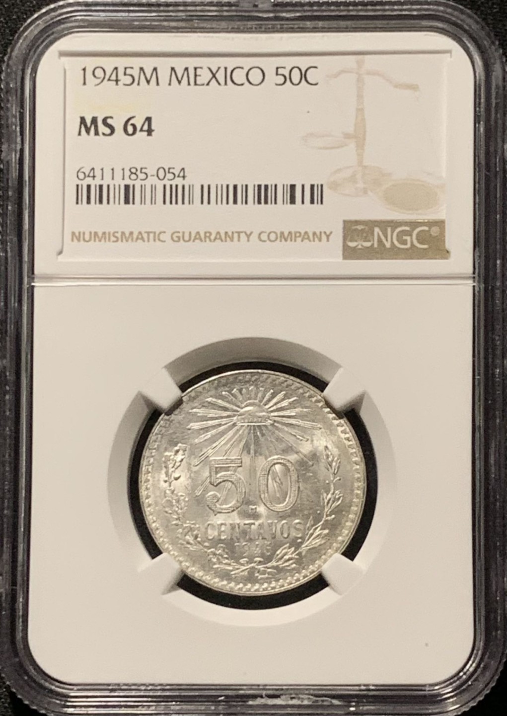 紫瑗钱币——第206期拍卖 墨西哥 1945年 M版 鹰洋 50分 银币 NGC MS64