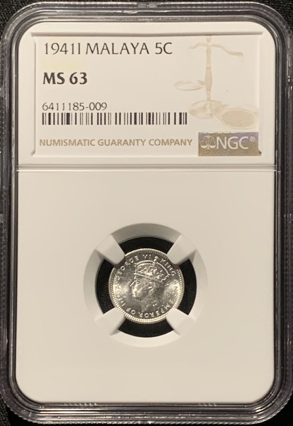 紫瑗钱币——第206期拍卖 马来亚 1941年 i版 乔治六世 5分 银币 NGC MS63