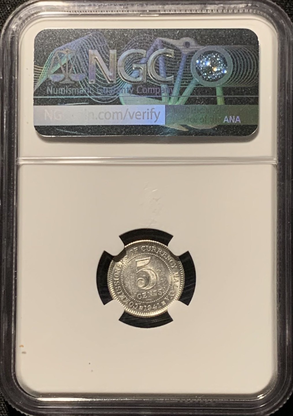 紫瑗钱币——第206期拍卖 马来亚 1941年 i版 乔治六世 5分 银币 NGC MS62