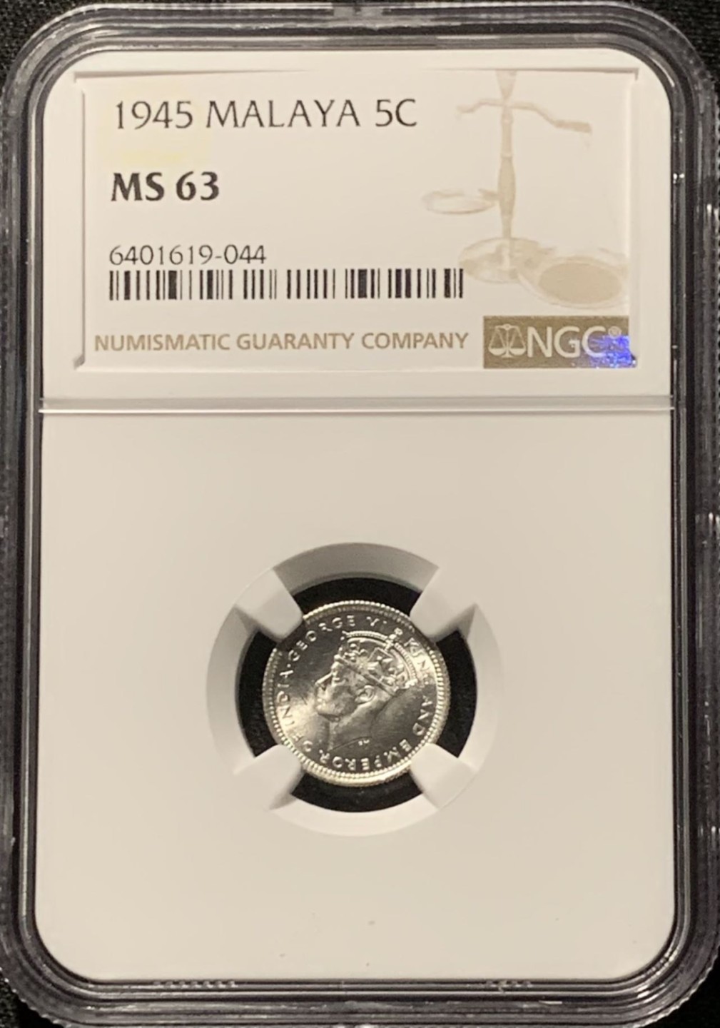 紫瑗钱币——第206期拍卖 马来亚 1945年 乔治六世 5分 银币 NGC MS63