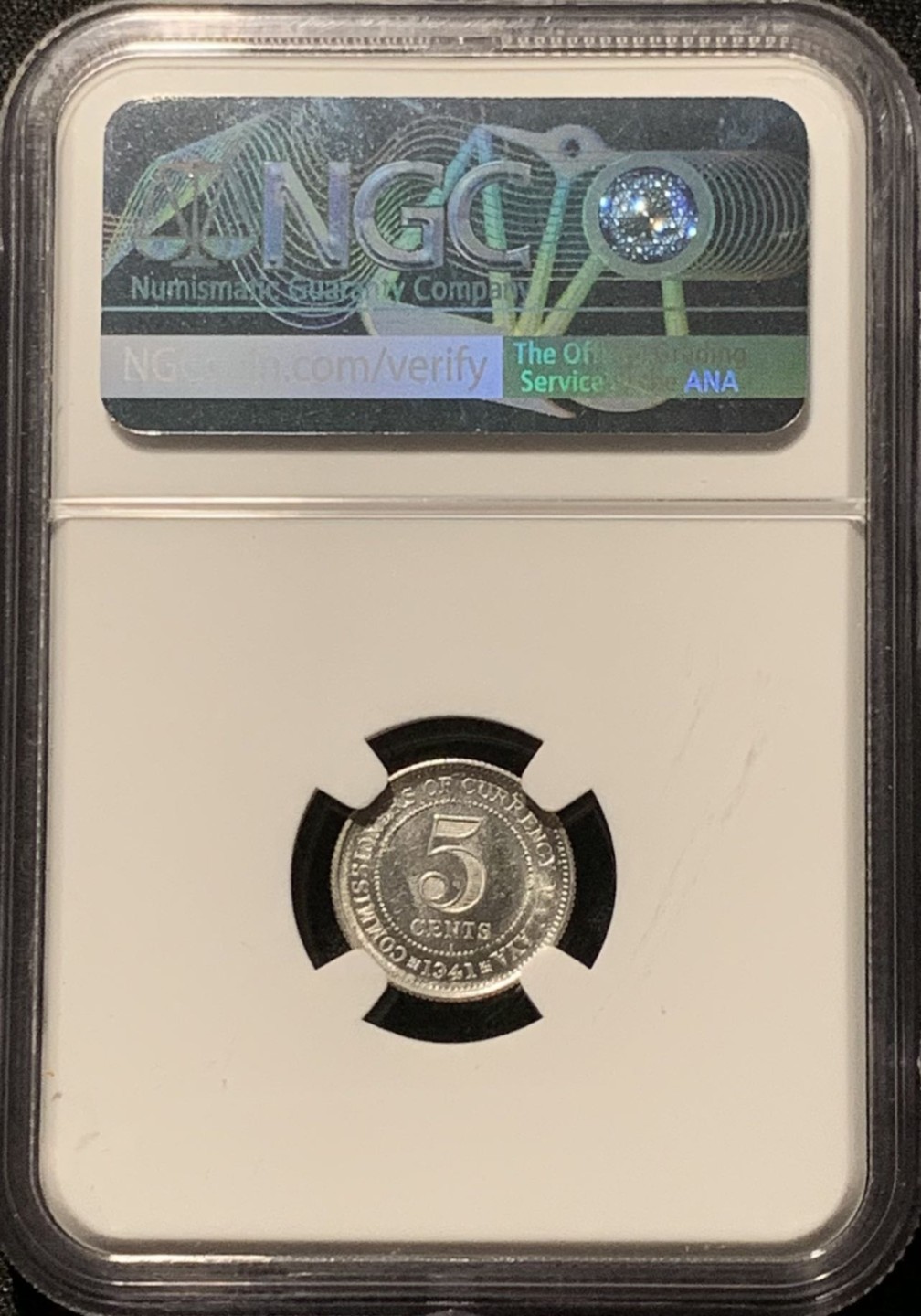 紫瑗钱币——第206期拍卖 马来亚 1941年 i版 乔治六世 5分 银币 NGC MS63