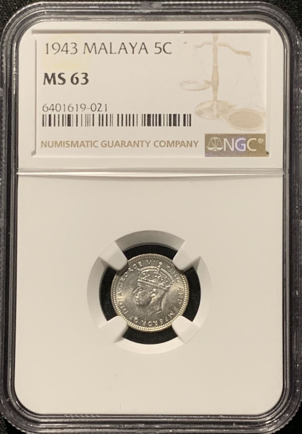 紫瑗钱币——第206期拍卖 马来亚 1943年 乔治六世 5分 银币 NGC MS63