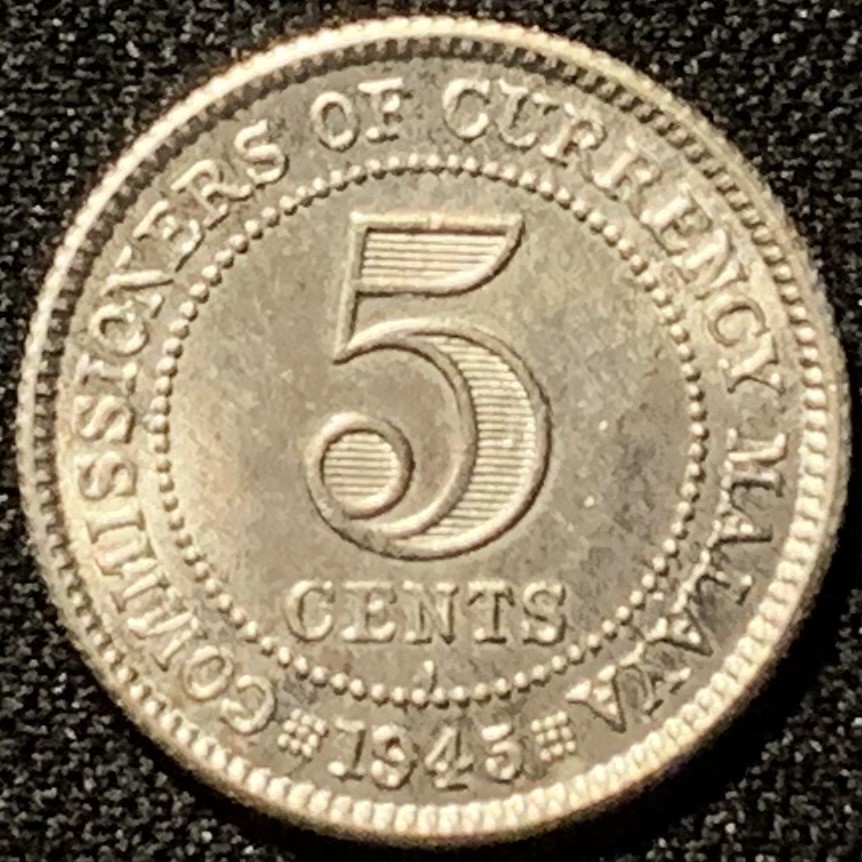 紫瑗钱币——第206期拍卖 马来亚 1945年 乔治六世 5分 1.36克 0.5银