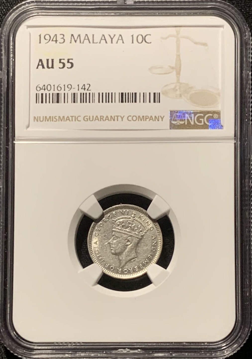 紫瑗钱币——第206期拍卖 马来亚 1943年 乔治六世 10分 银币 NGC AU55