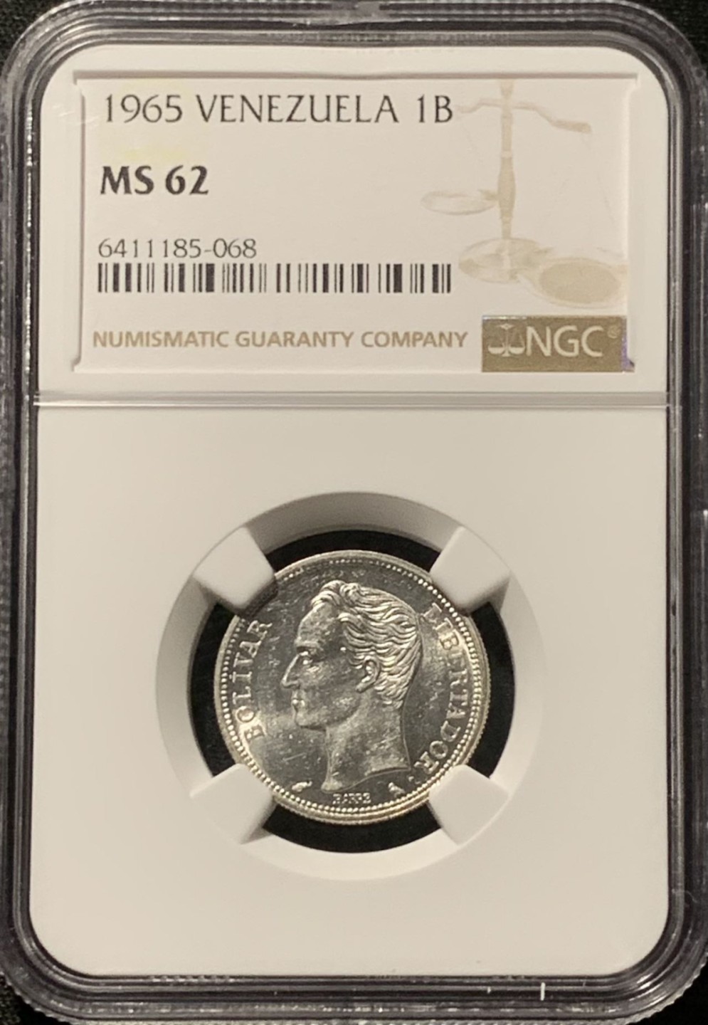 紫瑗钱币——第206期拍卖 委内瑞拉 1965年 1玻利瓦尔 银币 NGC MS62