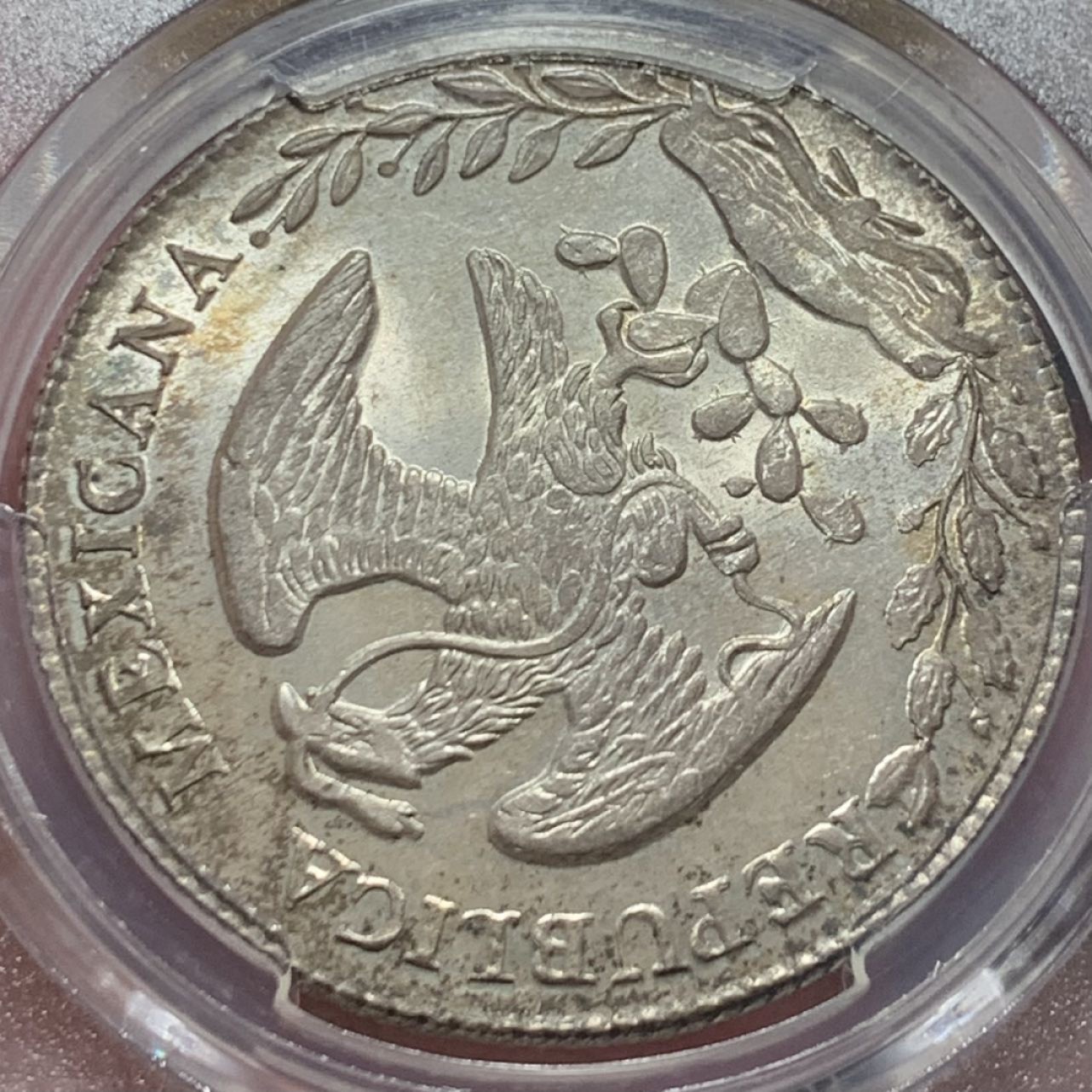 紫瑗钱币——第206期拍卖 墨西哥 1874年 GO FR 在华流通 花边鹰洋 8里亚尔 银币 PCGS MS64 淡彩包浆