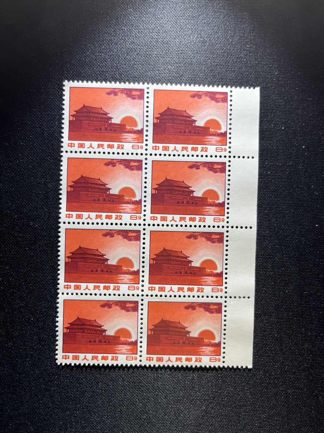 洪涛臻品 精选邮票限时拍卖第二十四期 普无号  8分天安门红太阳，1969年发行，右边纸8方连，收藏级品相一组，版撕嘎嘎绝，正红背白，集邮册首页需要有这么一组★开门红★，版撕精品小票，多多益善，价值洼地，全品可评级，所有拍品包过灯，注意捡漏