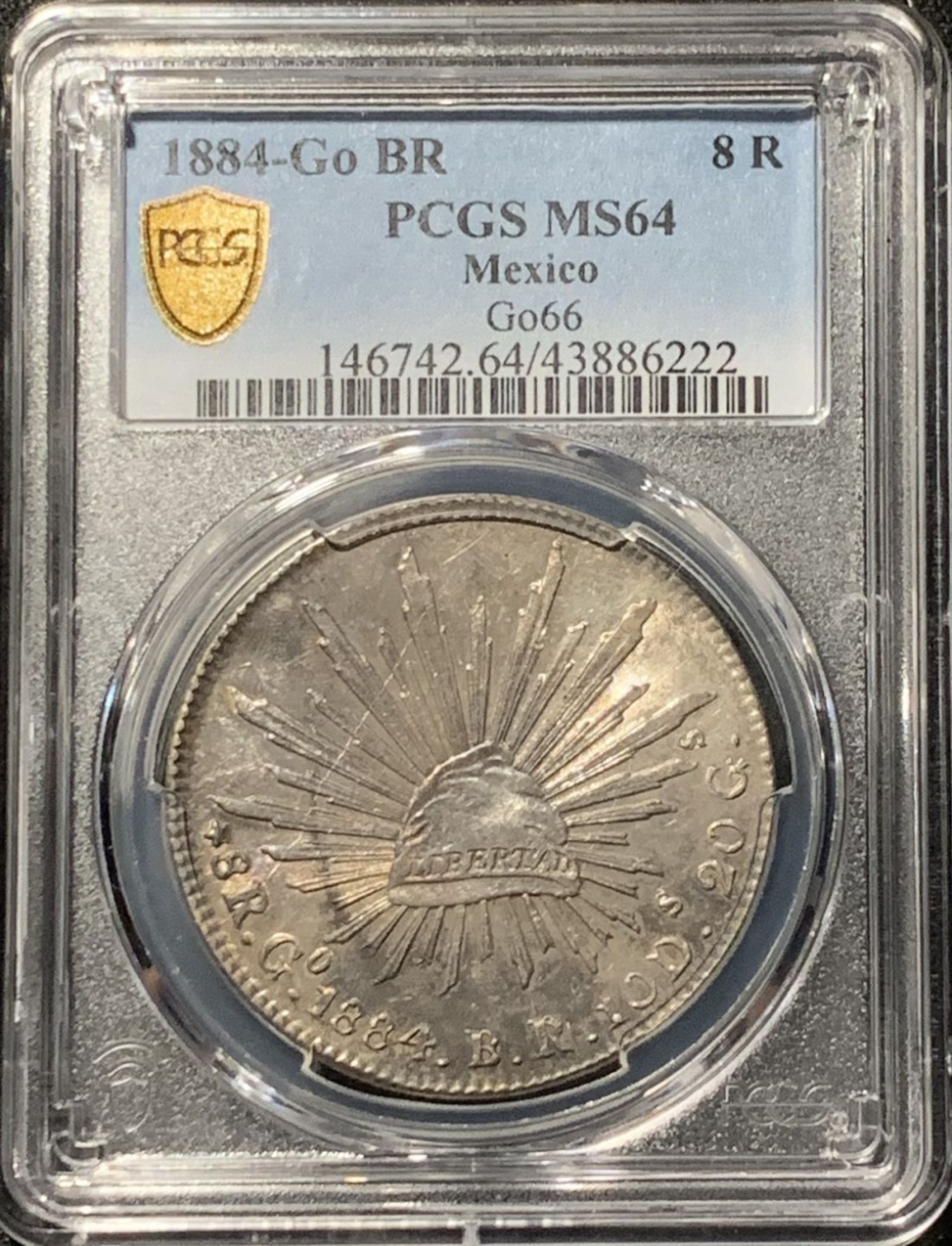 紫瑗钱币——第206期拍卖 墨西哥 1884年 GO BR 在华流通 花边鹰洋 8里亚尔 银币 PCGS MS64 五彩包浆