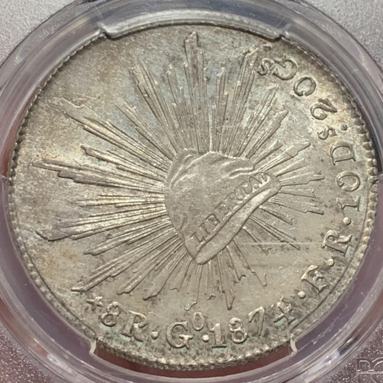 紫瑗钱币——第206期拍卖 墨西哥 1874年 GO FR 在华流通 花边鹰洋 8里亚尔 银币 PCGS MS64 淡彩包浆