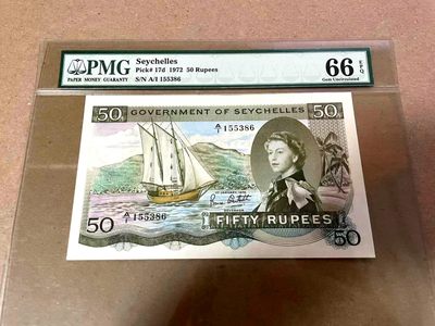 【Blue Auction】✨世界纸币精拍第223期 【精】 - 【致敬女王 无47 老壳子大壳子 冠军分 Sex note A1冠】塞舌尔 1973年50卢比 次高值 PMG66EPQ 非常精美 女王已故 早期戎装女王精品必将升值 