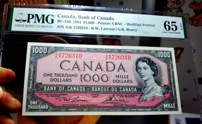 【Blue Auction】✨世界纸币精拍第223期 【精】 - 加拿大 1954年1000元 最高值 早期女王 升值潜力巨大 背面风景唯美 PMG65EPQ 绝品