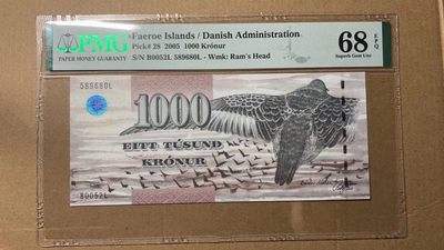 【Blue Auction】✨世界纸币精拍第223期 【精】 - 【初版 升值品种 无47】法罗群岛 2005年1000克朗最高值 PMG68EPQ 高分 IBNS年度最佳纸币